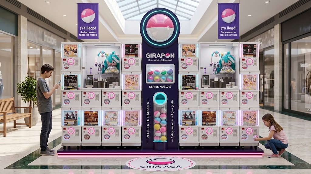 Isla GIRAPON en el pasillo de un shopping: cuatro torres de máquinas de gashapon blancas alrededor de un tótem violeta con el logo y un tubo transparente para devolver las cápsulas.